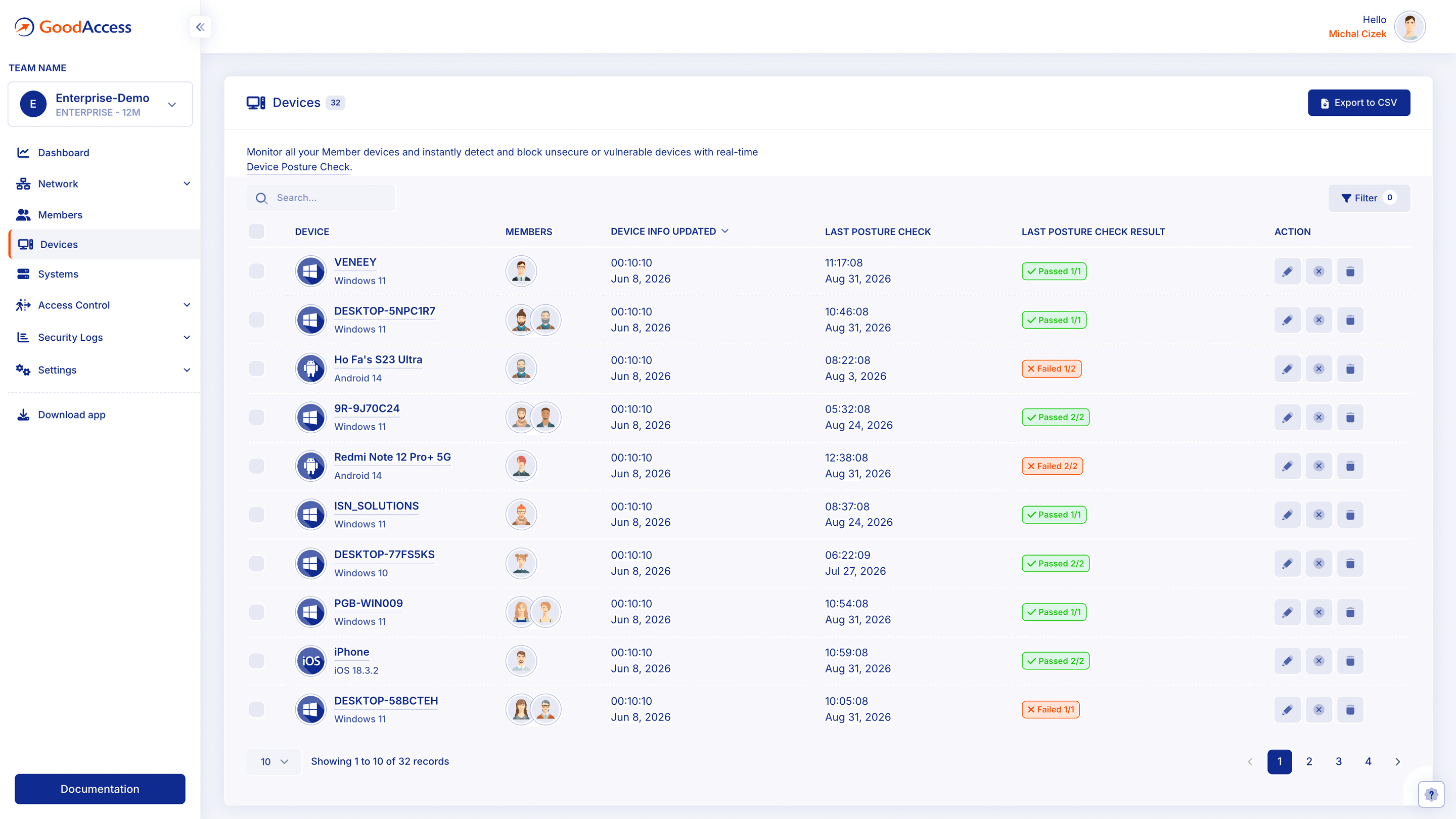 GoodAccess devices list showing operating system, assigned members and posture check results